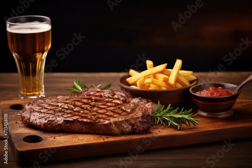  a steak and french fries on a cutting board with a glass of beer and a bowl of ketchup.