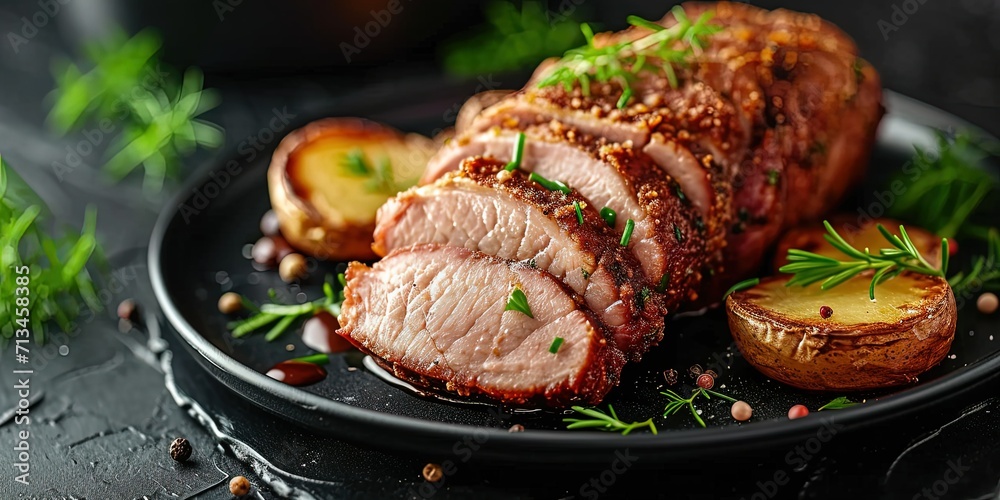 Meat dish cut into slices with vegetables and spices, potatoes as a side dish, rosemary, restaurant, meat, wallpaper, background.
