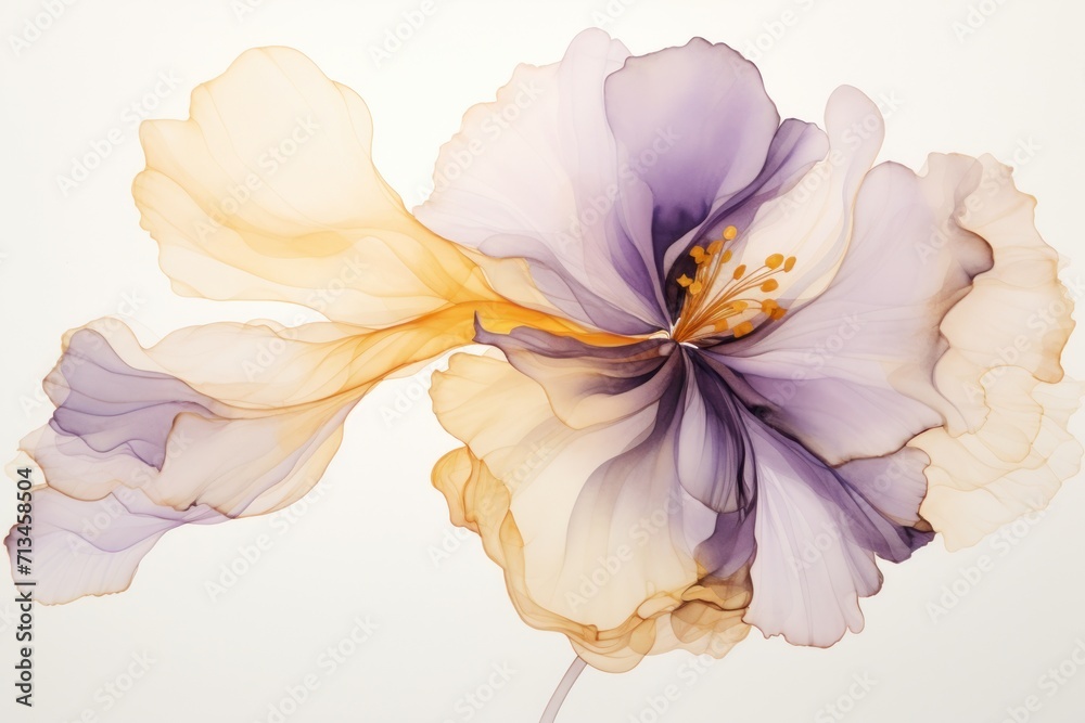  a close up of a purple and yellow flower on a white background with a yellow stamen in the center of the flower.