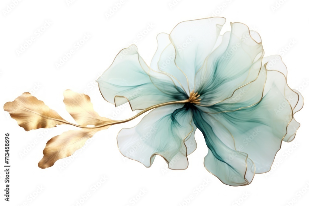 a close up of a flower on a white background with a gold stem and a blue flower on the tip of the stem.