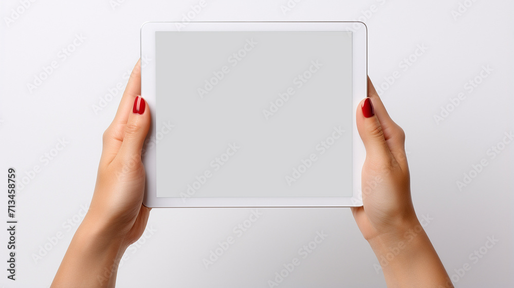 Hand holding a tablet computer with white screen. Woman hands showing ...