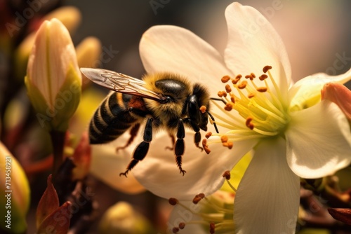 a bee sitting on top of a white flower next to a white and yellow flower with lots of pollen on it. photo