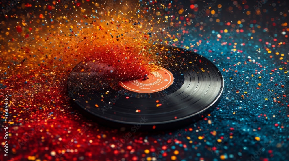 un disque de vinyle placé au centre, d'où jaillissent des particules ...