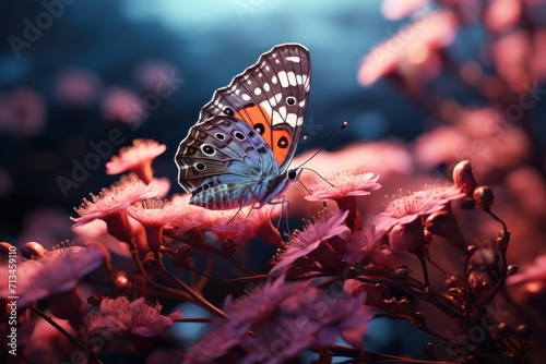  a close up of a butterfly on a plant with pink flowers in the foreground and a blue sky in the background.