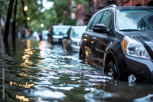 Cars in water after heavy rain and flooding - AI Generated