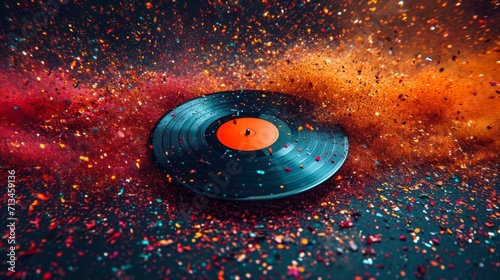 un disque vinyle posé sur une toile de fond vibrante qui éclate de particules colorées, donnant l'impression d'une explosion de couleurs ou d'une rafale dynamique de confettis