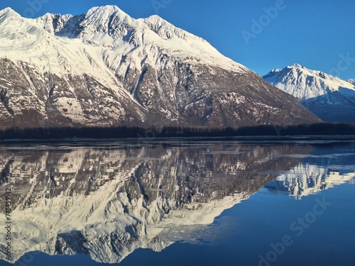 Snowy mountain reflected in the sea