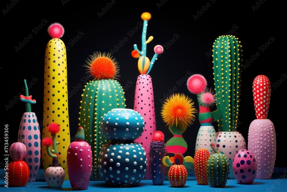 a group of brightly colored cactuses and cacti on a blue surface with polka dots on the tops of the cacti. a group of brightly colored cactuses and cacti on a blue surface with polka dots on the tops of the cacti.