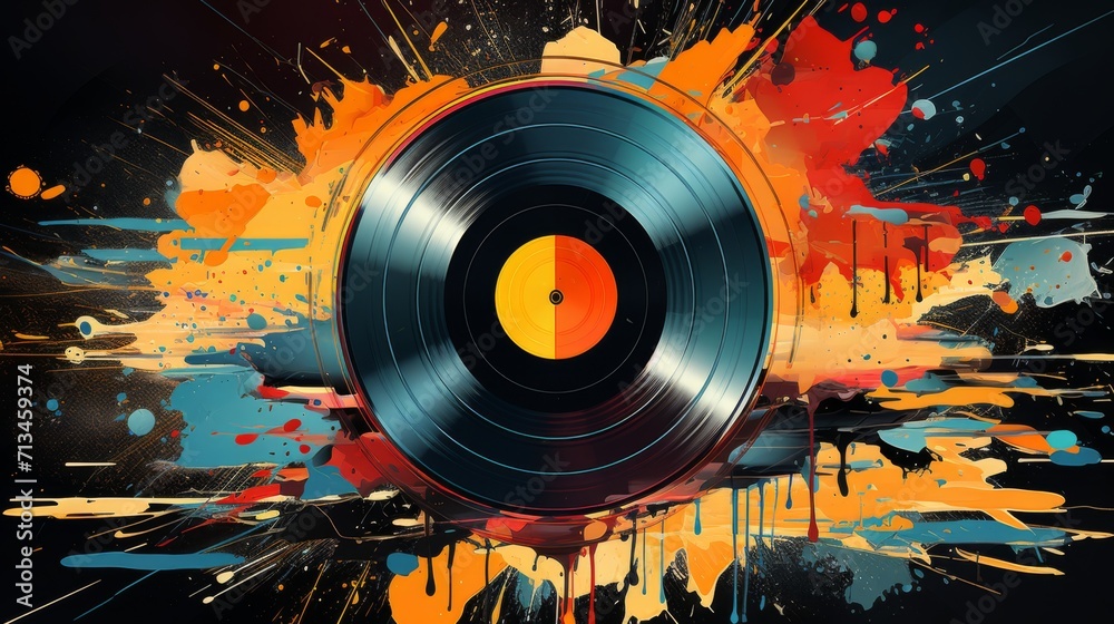 un disque vinyle au milieu d'une explosion abstraite de couleurs et de formes. Le disque semble presque en mouvement, avec des teintes vibrantes d'orange, de jaune, de rouge et de bleu qui jaillissent