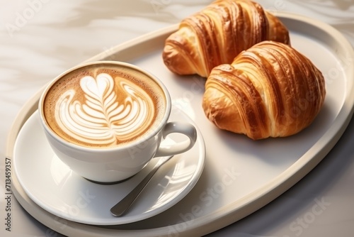  a close up of a plate of food with a cup of coffee and croissants on a plate.