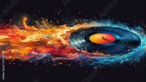 un disque de vinyle placé au centre, d'où jaillissent des particules dynamiques et colorées, créant un effet explosif. Les couleurs rouge, orange, bleu et jaune s'affichent de manière éclatante et res