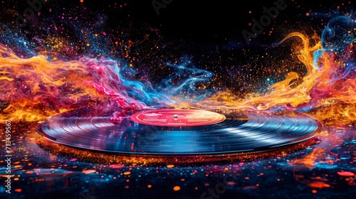 un disque de vinyle placé au centre, d'où jaillissent des particules dynamiques et colorées, créant un effet explosif. Les couleurs rouge, orange, bleu et jaune s'affichent de manière éclatante et res