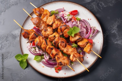  a plate of chicken skewers with onions, red onions, and lettuce on skewers.