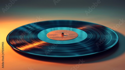 disque vinyle posé sur une surface plane.L'éclairage de l'image donne un ton chaud et doré à la scène, ce qui renforce l'aspect nostalgique du disque vinyle.