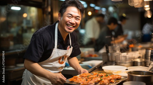 Chinese chef working in restaurant kitchen. Asian chef cooking Chinese food. Chef with kitchen assistants in a restaurant preparing orders. Food area worker.