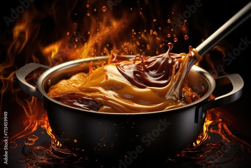  a pot of caramel sauce with a spoon sticking out of the top of it, on a black background. photo