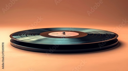 disque vinyle posé sur une surface plane.L'éclairage de l'image donne un ton chaud et doré à la scène, ce qui renforce l'aspect nostalgique du disque vinyle.