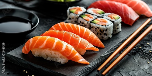 Incredibly delicious set of sushi and rolls, a variety of fish, raw fish, avocado, wasabi, soy sauce, sesame seeds, chopsticks, Japanese food.