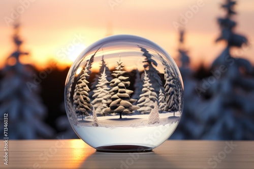  a snow globe sitting on top of a table next to a forest filled with trees in front of a sunset.