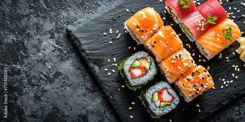 Incredibly delicious set of sushi and rolls, a variety of fish, raw fish, avocado, wasabi, soy sauce, sesame seeds, chopsticks, Japanese food.