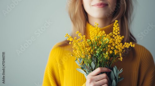 womans day mimosa. young woman holding yellow heart shaped mimosa flowers bouquet on grey background #713460781