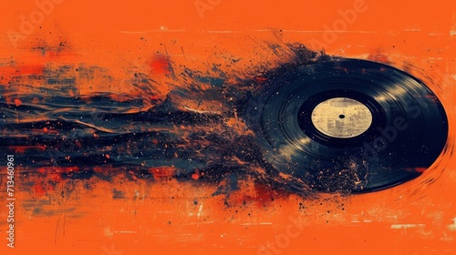 image graphique stylisée représentant un single disque vinyle  sur un fond orange. Le disque semble être en mouvement, avec un effet dynamique et flou derrière lui photo