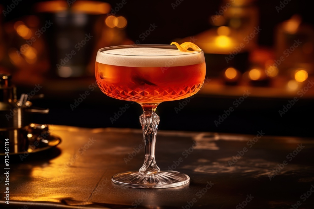  a close up of a wine glass with a drink on a table in a dimly lit room with candles in the background.