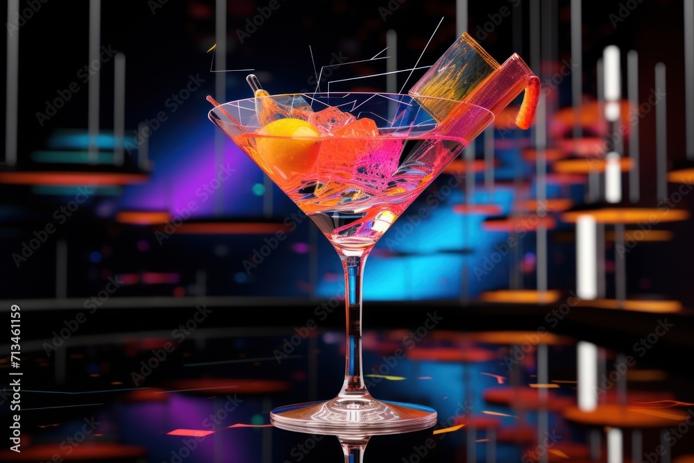  a close up of a martini glass on a table with lights in the background and a neon light in the background.