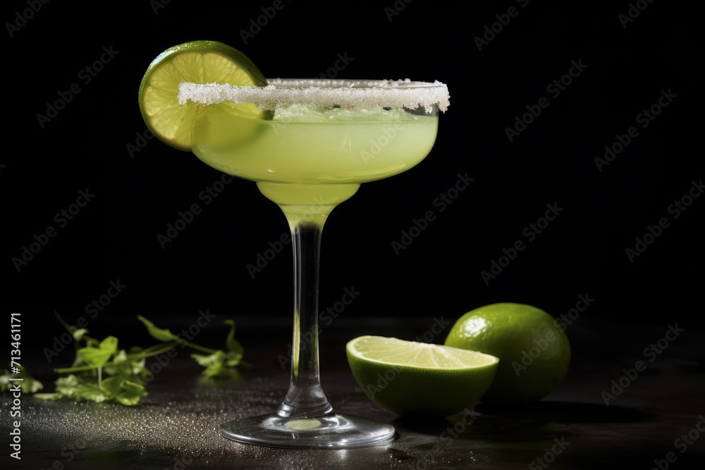 a lime margarita with a slice of lime on the rim and a lime wedge on the rim of the glass. a lime margarita with a slice of lime on the rim and a lime wedge on the rim of the glass.