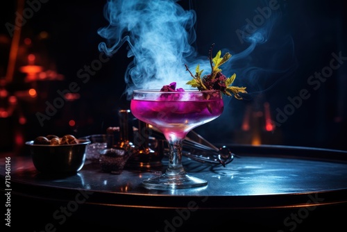  a smoke filled cocktail sitting on top of a table next to a bowl of fruit and a bowl of nuts.