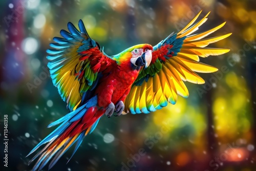  a colorful parrot flying through the air with it's wings spread out in front of a blurry background. © Nadia