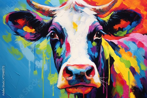  a painting of a cow s face painted with multi - colored paint splattered on a blue background.