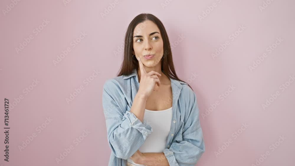 Cheerful young hispanic woman in casual clothes points up with her finger, showing a smart idea! excitedly smiling over her number 1 success, standing against a pink isolated background. Cheerful young hispanic woman in casual clothes points up with her finger, showing a smart idea! excitedly smiling over her number 1 success, standing against a pink isolated background.