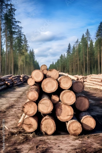 pile of pine tree trunks. Logging industry