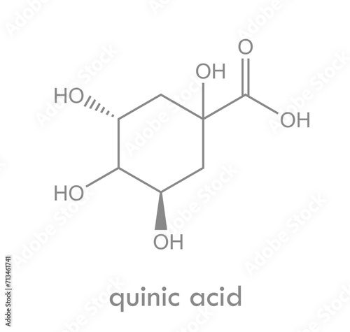 Quinic acid structure. Molecule found in coffee beans and cinchona bark. Used as astringent.