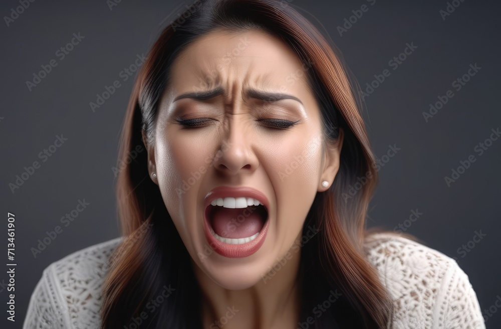 upset Asian girl screams, cries on dark grey background. shock and emotional breakdown, depression upset Asian girl screams, cries on dark grey background. shock and emotional breakdown, depression