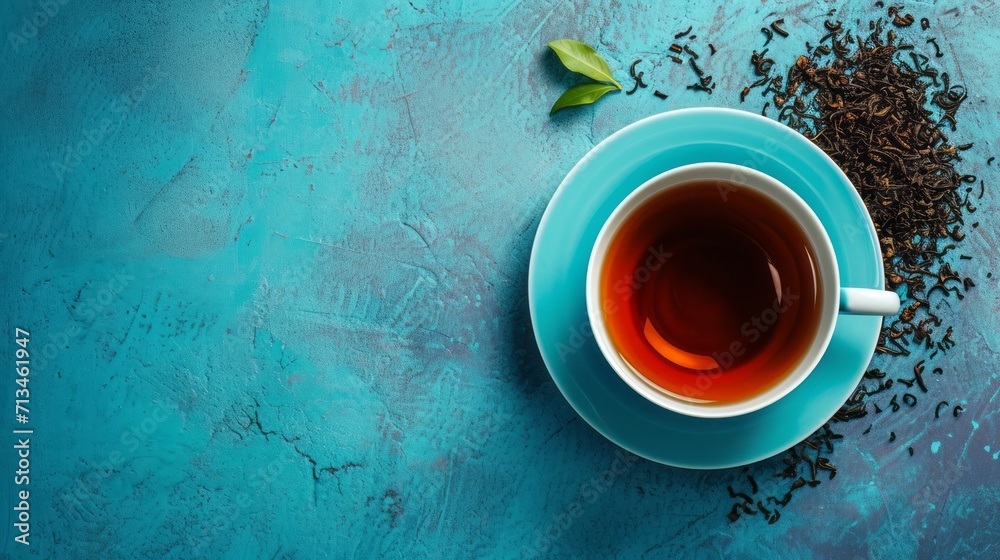 the concept of prevention and treatment of colds and respiratory diseases, Cups of tea and sprinkled tea leaves on a blue background with place for text the concept of prevention and treatment of colds and respiratory diseases, Cups of tea and sprinkled tea leaves on a blue background with place for text
