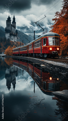 Red train by calm lake, reflecting castle and misty mountains, serene and mystical