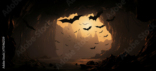 Silhouettes of bats emerging dramatically from the entrance of a cave, portraying a sense of mystery and adventure.