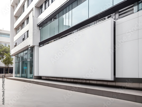 big signboard hung on a modern building wall in the street with empty white space as a mockup banner for advertisement design.