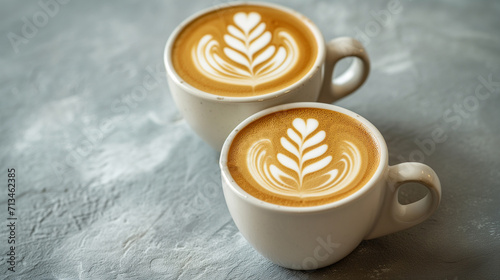 Two cups of cappuccino with latte art on wooden background. place for text. photo