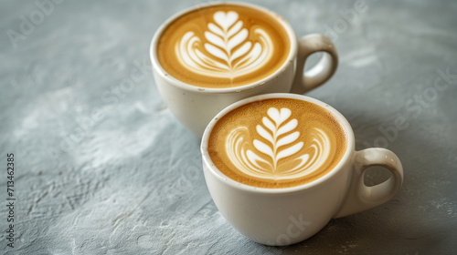 Fototapeta Two cups of cappuccino with latte art on wooden background. place for text.