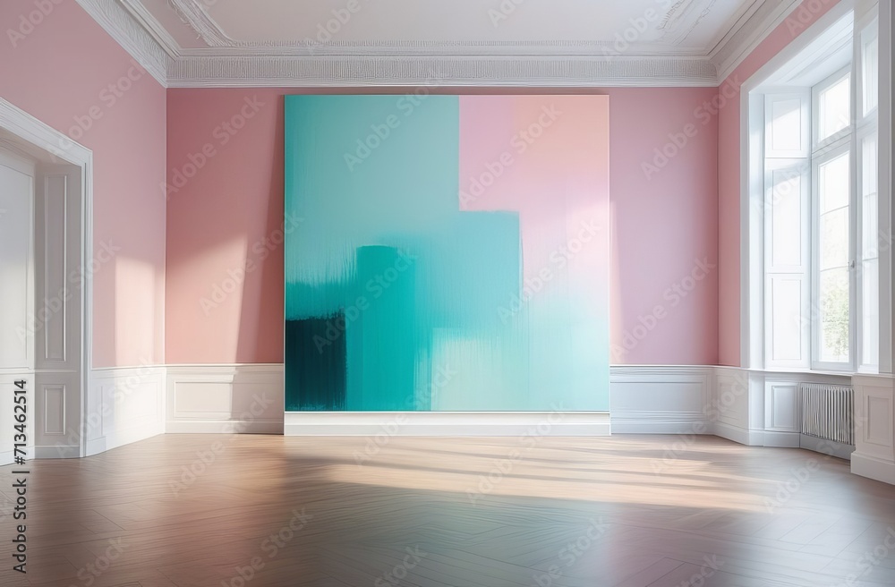 Obraz premium empty room with pastel walls and a huge abstract painting with delicate shades. Space for text