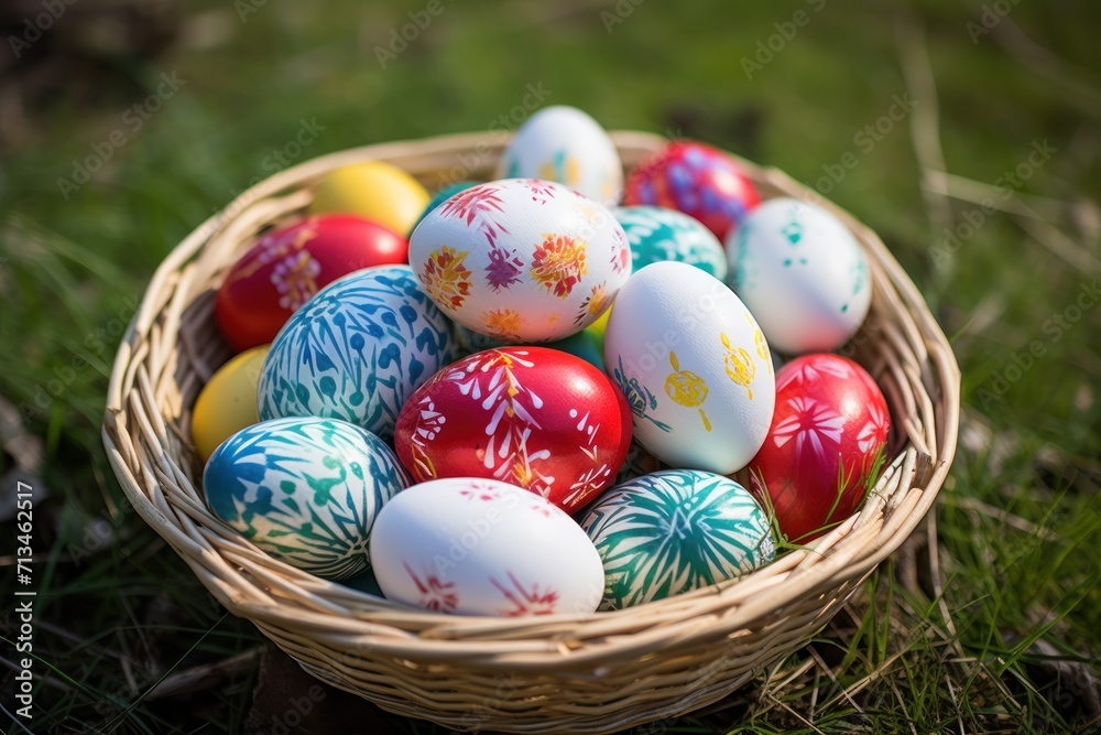  a basket filled with colorful painted eggs on top of a lush green grass covered field with trees in the background.