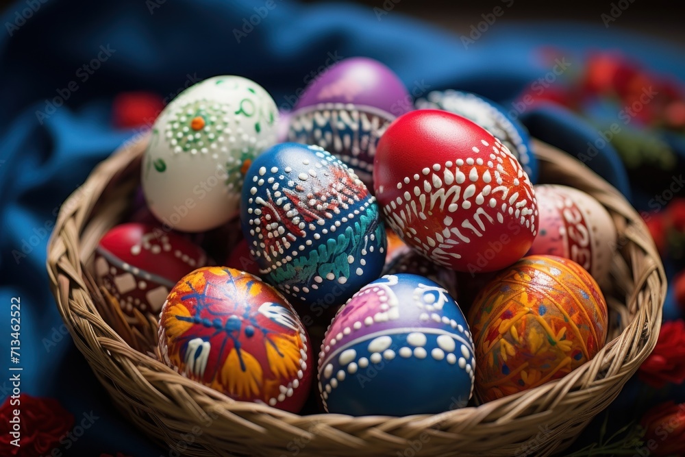  a basket filled with painted eggs on top of a bed of red, white and blue flowers on a blue cloth.