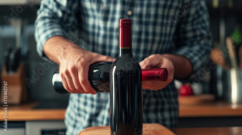 cropped view of man opening bottle of wine photo