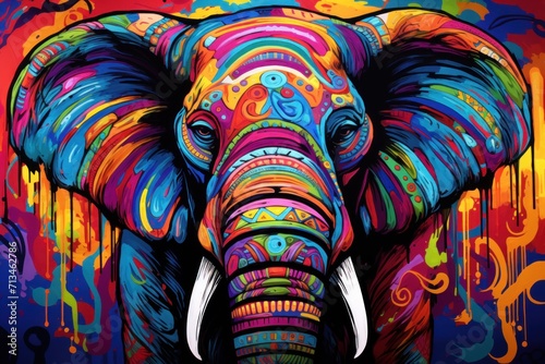  a colorful painting of an elephant with tusks and tusks on it's tusks. photo