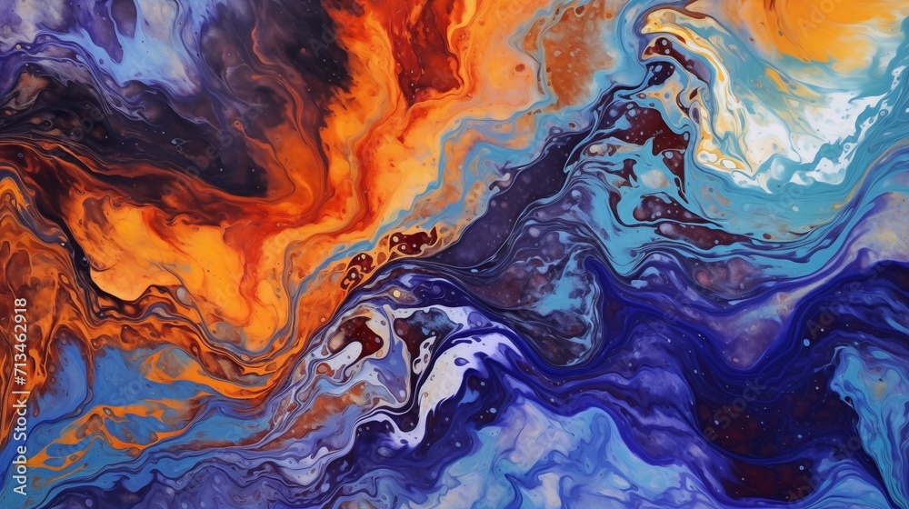 Abstract Blue, Orange, and Purple Marble Ink Swirls Oil Painting Texture Background