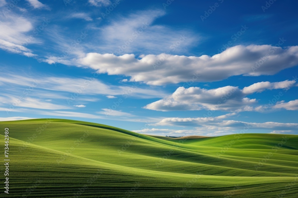  a field of green grass under a blue sky with a few white clouds in the middle of the picture and a lone tree in the middle of the field.