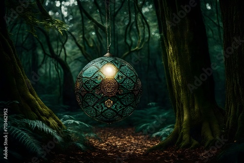 The orb hovers gracefully in a mystical forest 